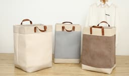 NOVARTA, Opvouwbare wasmand van jute stof met lederen handvat, opbergmand, Laundry basket - Wasbox — thumbnail 5