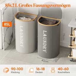 2-delige Wasmandenset - Met Deksel - 170 Liter - Grijs en Zilvergrijs — thumbnail 2