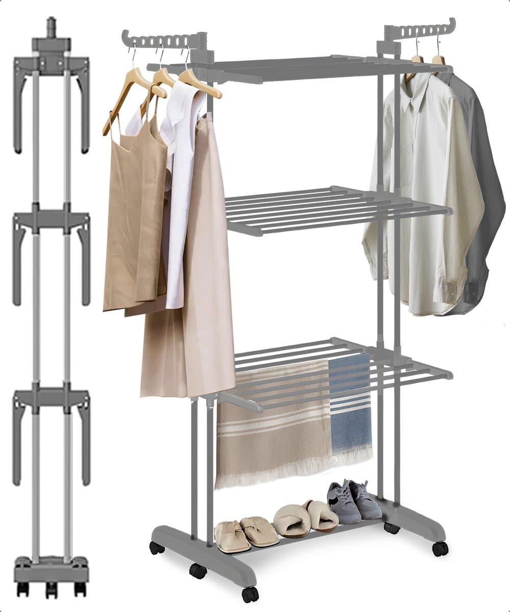 BAUER & MEYER® - Droogrek - Inklapbaar Wasrek - Incl. 20 wasknijpers - Droogtoren - Wastoren - 173 x 75 x 63 cm - Grijs — afbeelding 1
