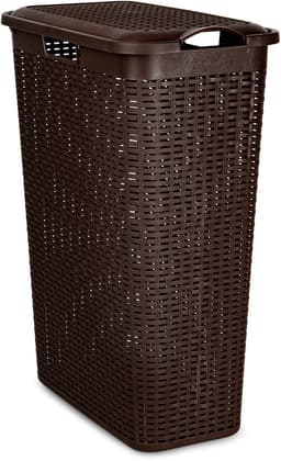 Plasticforte Smalle Wasmand met deksel Rotan - 2x - donkerbruin - gevlochten kunststof - 48 liter - 27 x 46 x 60 cm — thumbnail 2