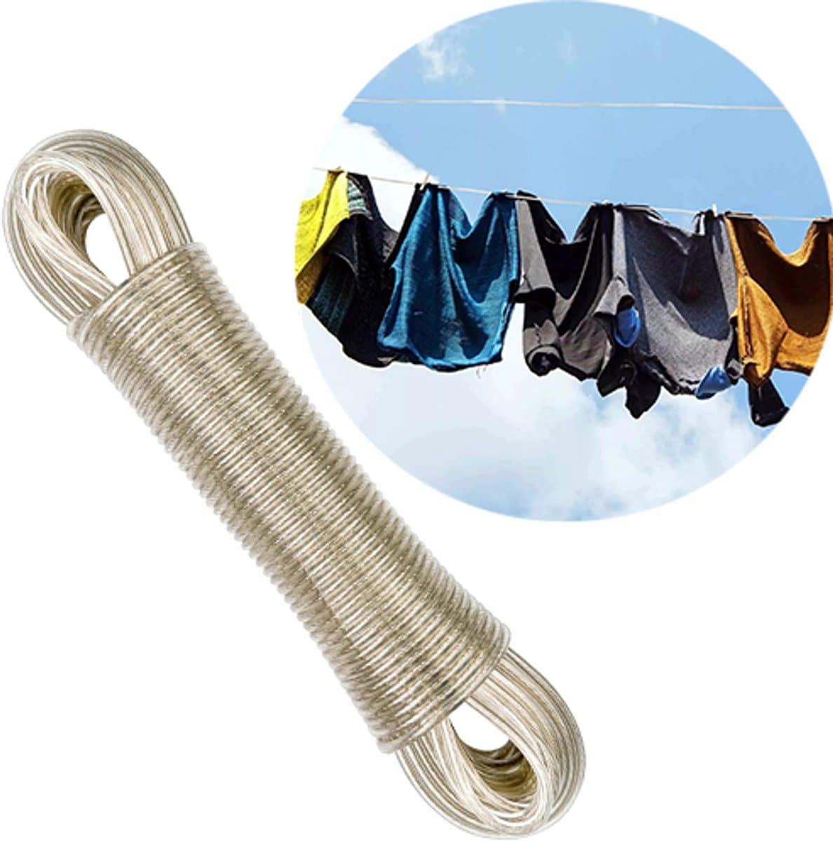 Waslijn Camping - Wasdraad - Drooglijnen - Wasdraad 20 m lang - Waslijn extra sterk - Drooglijn voor buiten - Kleding en lakens drogen - PVC waslijndraad met stalen kern - Transparant — afbeelding 1
