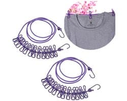 2 stuks - Elastische waslijn - Met 12 wasknijpers - Kampeerwaslijn - Kampeeraccessoires - Reiswaslijn voor buiten en binnen - Droogrek voor buitenkleding - Paars — afbeelding 1