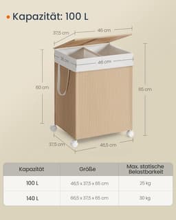Furnstar HOME Wasmand met 2 vakken - Wasverzamelaar 100 l - Wassorteerder op wieltjes met deksel - Waszak met handgrepen - Rotan-look - Voor bijkeuken en badkamer - Beige/Wit — thumbnail 2