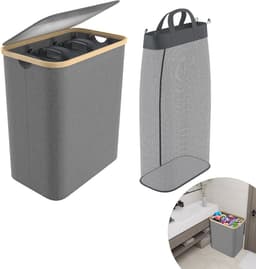 Wasmand 3 vakken - Wassorteerder van bamboe met Oxfordweefsel - Met Deksel opvouwbaar Opbergmand - 140L - Grijs — thumbnail 1