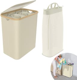 Wasmand 3 vakken - Wassorteerder van bamboe met Oxfordweefsel - Met Deksel opvouwbaar Opbergmand - 140L - Beige — thumbnail 1