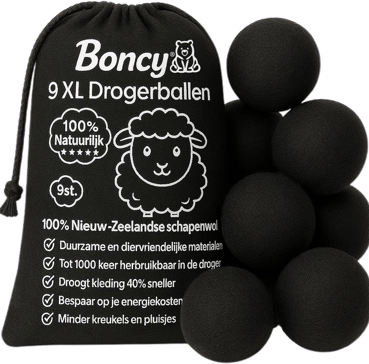 Boncy® Drogerballen - 9 Stuks XL Droogballen voor Wasdrogers - 100% Nieuw Zeelandse Schapenwol Wasdrogerballen - Energiebesparend & Duurzaam Cadeau - Wasballen voor Wasdroger Droogtrommel - Dryer Balls Wol Droger Ballen - Wasbol Wasbollen - Zwart — afbeelding 1
