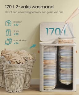 Wasmand 170 Liter met Deksel - 2 Vakken Wassorteerder - Grote Wasbox van Stof - 56x40x75 cm - Opvouwbare Waszak - Beige / Crème — thumbnail 4