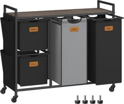 Wasmand - 4 vakken - Op wieltjes - Zwart en Grijs - 98.6x33x80.5 — thumbnail 1