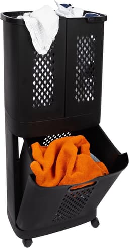 Eleganca Wasmand 3 vakken - XL Formaat 95 Liter - Wassorteerder - Kunststof - D31 x B45 x H90 cm - Afneembare manden - Wasmand op Wielen - Ruimtebesparend - Zwart — thumbnail 1