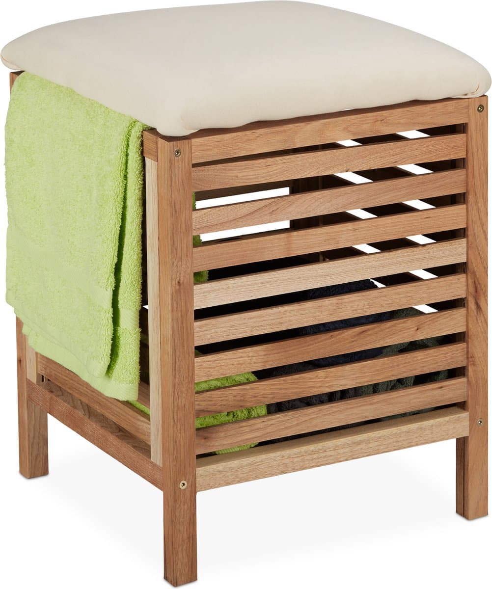 wasmand met kruk - 35 l - hout - stof - 51 x 39 x 39 cm - opbergkruk - naturel — afbeelding 1
