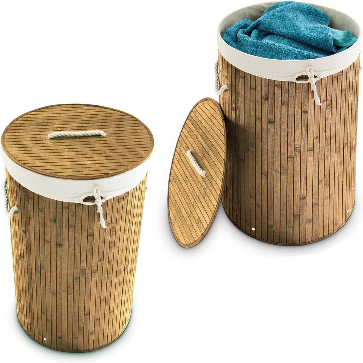 2x wasmand bamboe - wasbox met deksel - 70 liter - rond - 65 x 41 cm - natuur — afbeelding 1