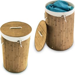 2x wasmand bamboe - wasbox met deksel - 70 liter - rond - 65 x 41 cm - natuur — thumbnail 1