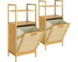 2x Badkamerrek met wasmand 70l bamboe badkamerkast 2 legplanken wassorteerder — afbeelding 1