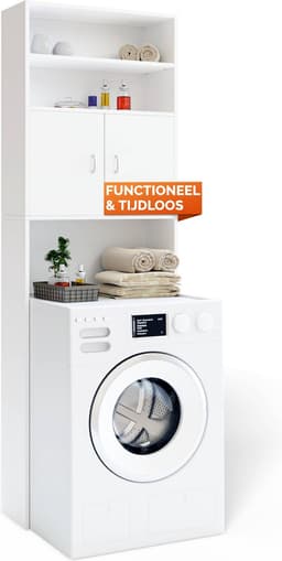 Casaria Wasmachinekast Neapel – 3 Legplanken en 2 Deuren – 185x63x20cm – Wit — thumbnail 4