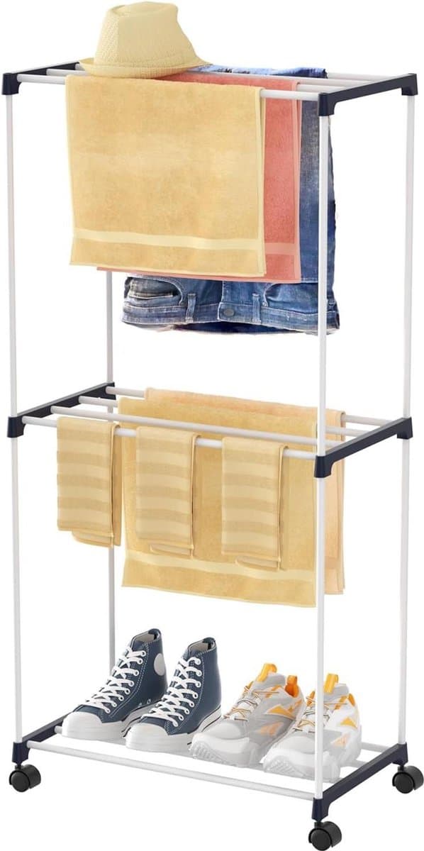 Klein vrijstaand handdoekrek - ruimtebesparende wasdroger met wielen - 3 niveaus - voor badkamers, woningen en bijkeukens folding wall laundry rack — afbeelding 1