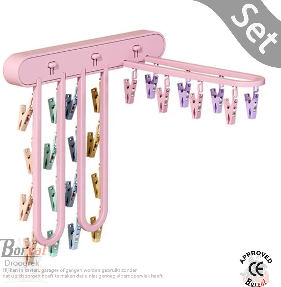 Borvat® - Droogrek - aan de muur gemonteerd - opvouwbaar kledingrek - afneembare clips - kledinghaak - waslijn - Roze - Set — afbeelding 1