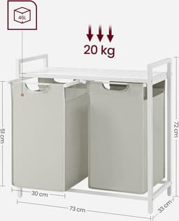 Wasmand 2 vakken, wasmand met plank, wasbox, waszak van oxford stof uitneembaar, metalen frame, 2 x 46 L, 73 x 33 x 72 cm, wit — thumbnail 4