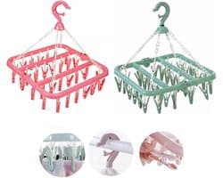 Sokkendroger Wasluchter, 2 stuks Clips Wasluchter met 64 Clips Sokken Kleren Bal Opvouwbare droogrek Sokken voor ondergoed Babykleding Kleine wasartikelen (roze, groen)