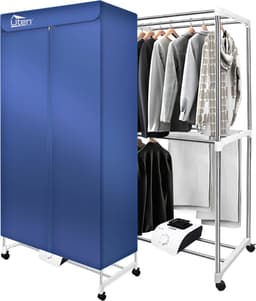 Uten Draagbare elektrische droger Gr886 - 2 lagen droog Design - Warmtepompdroger - 1500 W - Timer 0-180 Min - Elektrisch Droogrek met Verwarming - Wasdroger - Tot 15kg wasgoed - Als wasdroger, droogrek en Kledingkast- Hoogte 1.5 M - Blauw — thumbnail 1