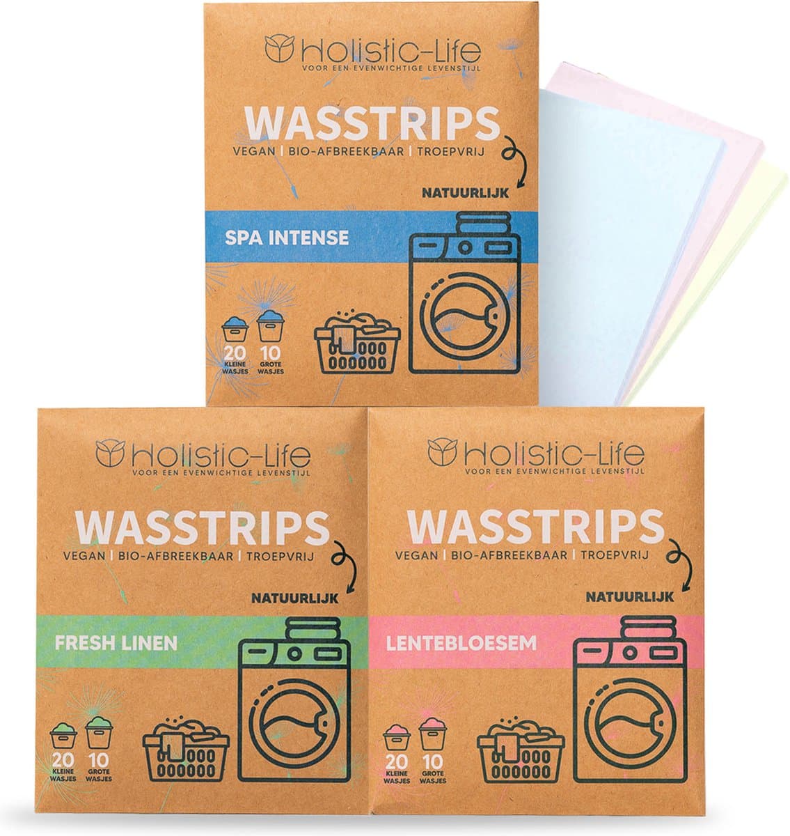 Wasstrips Proefpakket 3x20 Wasbeurten - Fresh Linen - Lentebloesem - Ocean Breeze - Incl. Wasverzachter – Wasmiddeldoekjes Wasdoekjes – Detergent sheets - Vegan — afbeelding 1