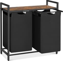 Wasmand, mand met 2 vakken, bak met 2 afneembare zakken van Oxford-stof, metalen frame, 2 x 46 l, 73 x 33 x 72 cm, rustiek bruin en zwart — thumbnail 1
