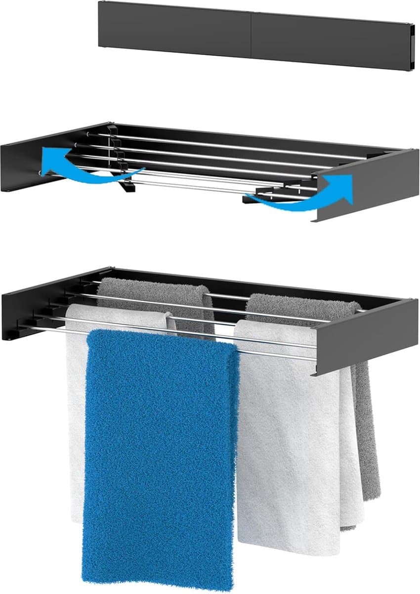 Droogrek voor aan de wand, uittrekbaar 80 cm, van hangwasdroger in klein, compact formaat, wasrek voor binnen en buiten, is uittrekbaar en ideaal voor badkamer of balkon, zwart — afbeelding 1