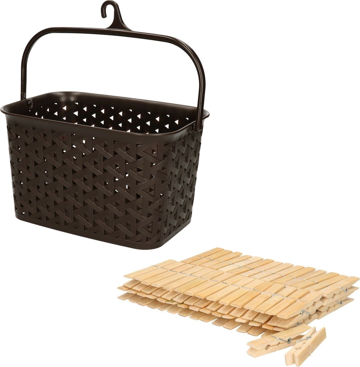 Wasknijpersmandje met ophanghaak - bruin - en 60x houten wasknijpers 7 cm - was ophangen — afbeelding 1