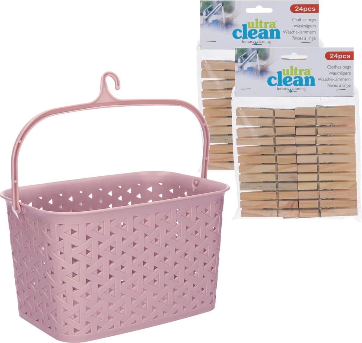 Wasknijpersmandje met ophanghaak - roze - en 48x houten wasknijpers 7 cm - was ophangen — afbeelding 1