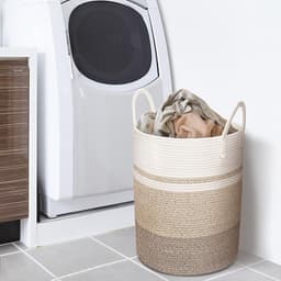 Hoge wasmand, grote wasmand van gevlochten touw met handgrepen, 50 cm x 38 cm, dekenmand, speelgoedmanden, wasmanden, ideaal voor woonkamer, kinderkamer en slaapkamer — thumbnail 4