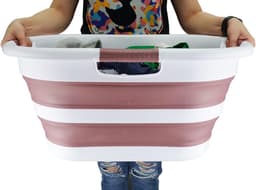 Opvouwbare wasmand van kunststof, 40 l, inklapbare pop-up opbergcontainer/organizer, draagbare wasmand, ruimtebesparende wasmand (1, wit/oudroze) — thumbnail 3