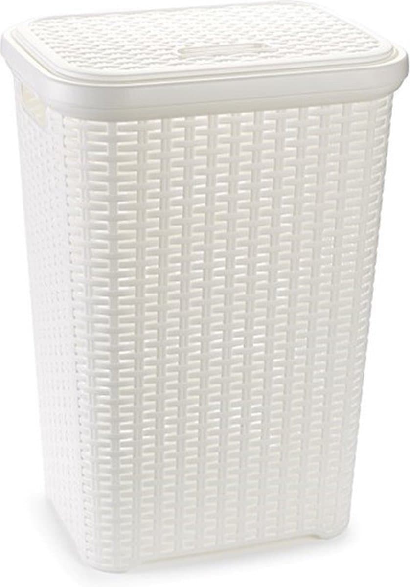 Plasticforte Wasmand met deksel - 60 liter - wit - rotan - kunststof - L35 x B43 x H62 cm — afbeelding 1