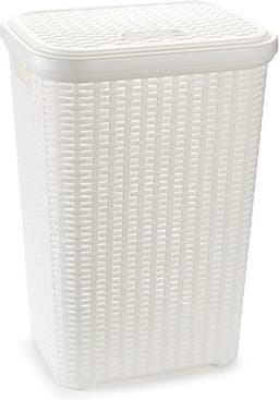 Plasticforte Wasmand met deksel - 60 liter - wit - rotan - kunststof - L35 x B43 x H62 cm — thumbnail 1