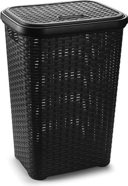 PlasticForte Wasmand met deksel - 2x stuks - 60 liter - zwart - rotan - kunststof - L35 x B43 x H62 cm — thumbnail 2