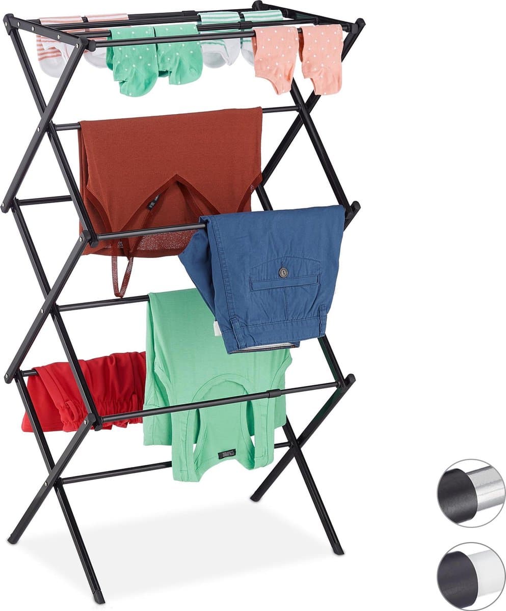 wasrek inklapbaar - uitschuifbaar - 11 stangen - 105x73x37 cm - metaal - zwart — afbeelding 1