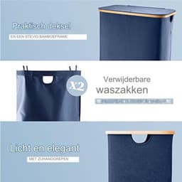 Wasmand 2 vakken wassorteerder - Wasmand 2 vakken met deksel - Wasmand met deksel - Wasverdeler - XXL waszak - 150 l - 57 x 37 x 71 cm - Blauw — thumbnail 4