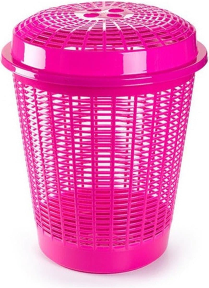 Plasticforte Wasmand met deksel - 50 liter - roze - rond - D45 x H57 cm - opbergmand — afbeelding 1