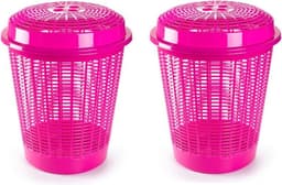 Plasticforte Wasmand met deksel - 2x stuks - 50 liter - roze - rond - D45 x H57 cm - opbergmand — thumbnail 1