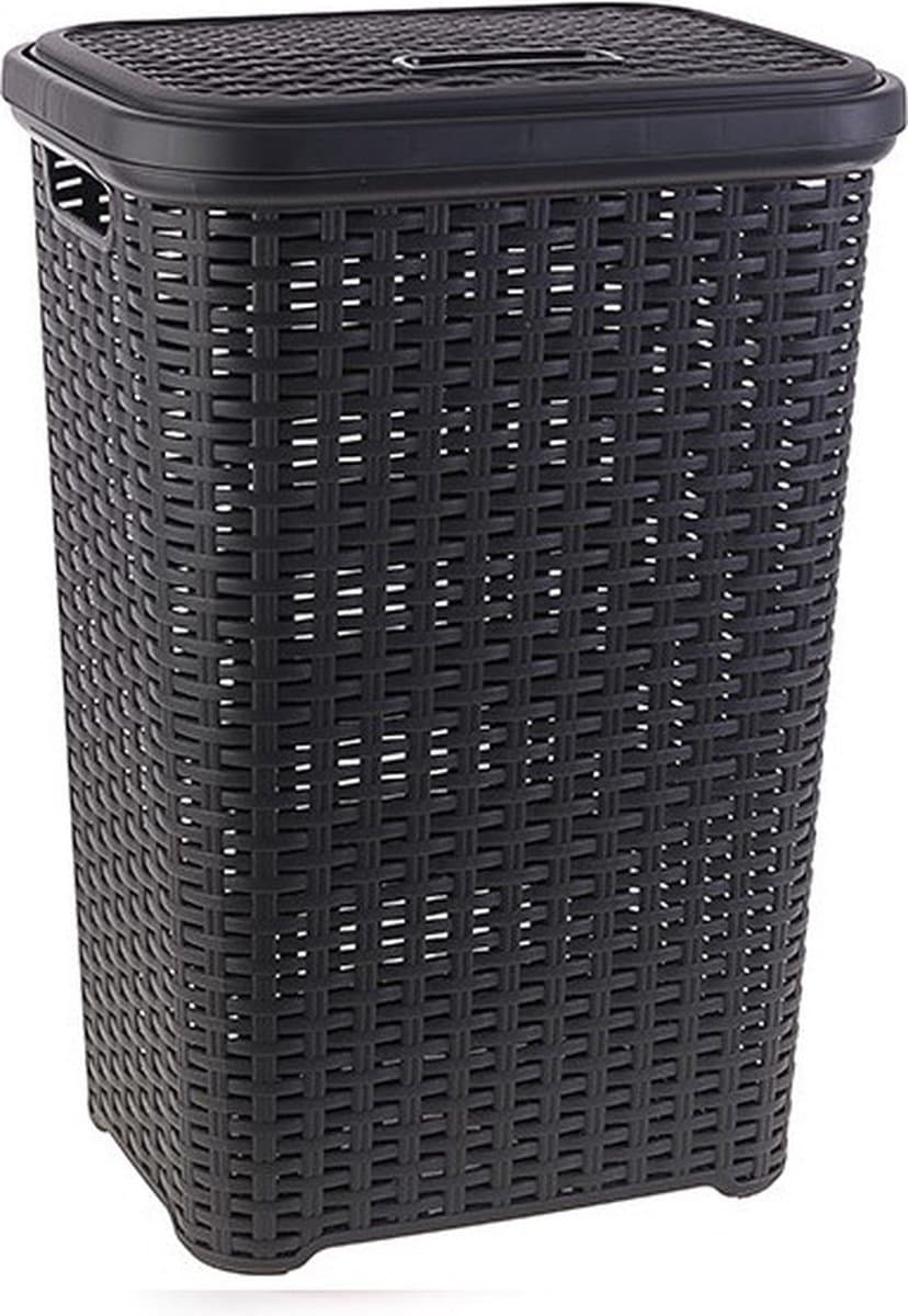 Plasticforte Wasmand met deksel - 2x stuks - 60 liter - antraciet - rotan - kunststof - L35 x B43 x H62 cm — afbeelding 1