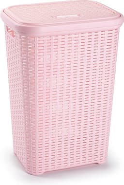 Plasticforte Wasmand met deksel - 2x stuks - 60 liter - lichtroze - rotan - kunststof - L35 x B43 x H62 cm — thumbnail 2