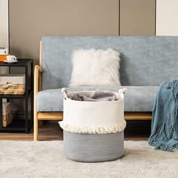 Wasmand van katoenen touw, opbergmand, boho decoratieve mand geweven, wasverzamelaar met handvatten, speelgoedopberger voor kinderkamer 40x43cm beige — thumbnail 5