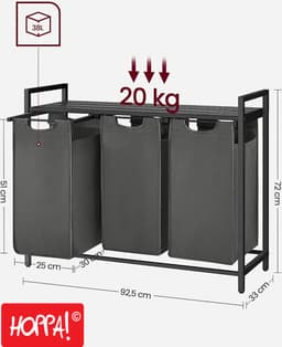 Hoppa! - Wasmand met 3 vakken - Oxford-stof - 3 x 38 L - 92,5 x 33 x 72 cm - zwart-grijs — thumbnail 4