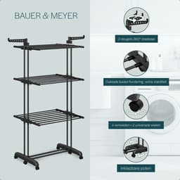 BAUER & MEYER® - Droogrek - Inklapbaar Wasrek - Incl. 20 wasknijpers - Droogtoren - Wastoren - 173 x 75 x 63 cm - Zwart — thumbnail 5