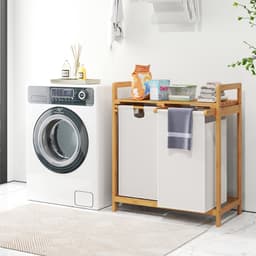 COSTWAY Wasmand 2 vakken, met 2 uittrekbare waszakken, wasverzamelaar met plank, wassorteerder bamboe voor badkamer, woonkamer en slaapkamer (wit) — thumbnail 4