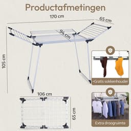 Meisterhome - Extra Groot Droogrek - inklapbaar – Droogtoren - 25 meter droog lengte – Extra stevig en licht - Wasrek van carbon staal – Tot 30kg wasgoed — thumbnail 3