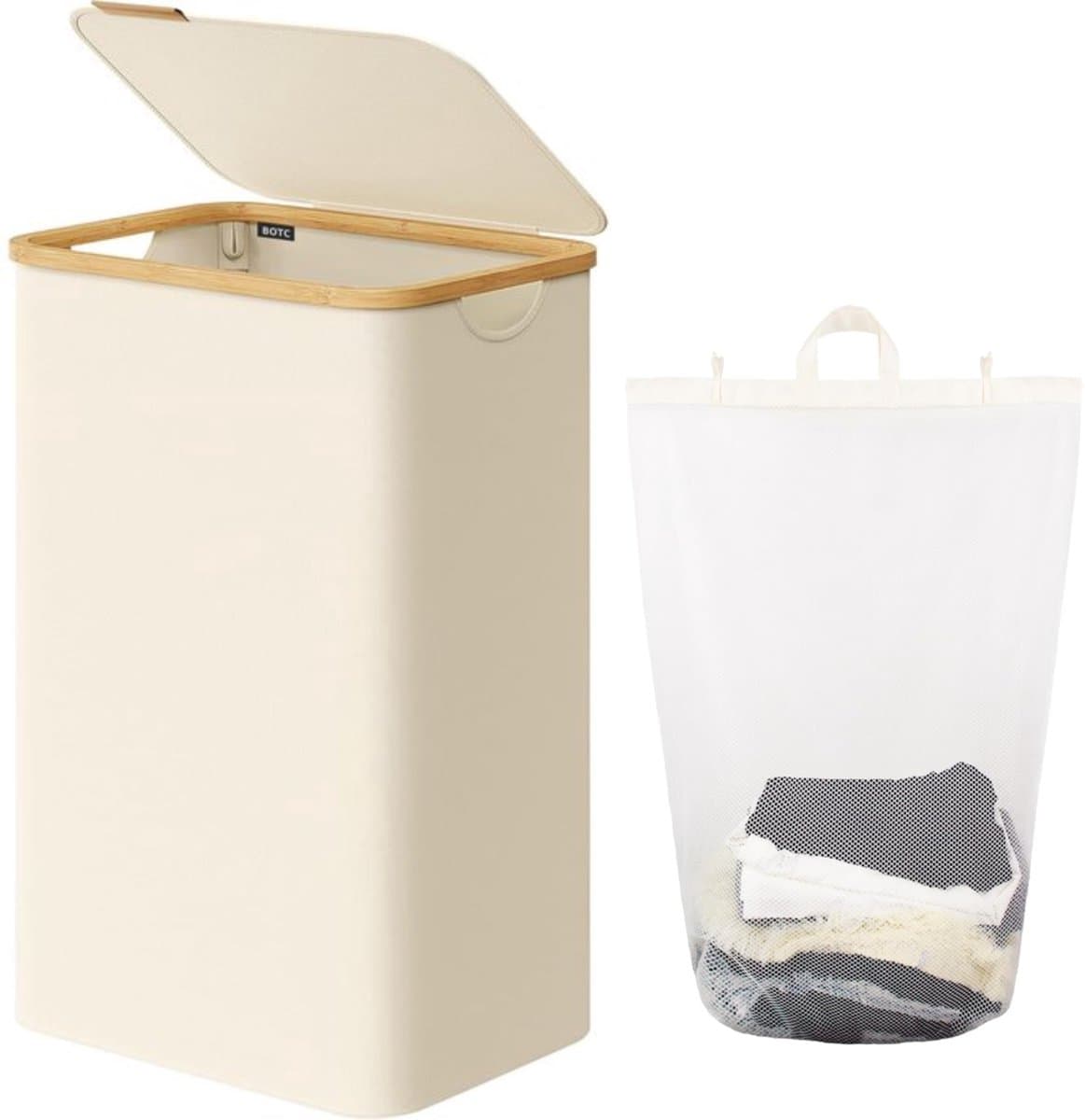 BOTC Wasmand - Wassorteerder - 105L Capaciteit - Bamboe Wasmand met Deksel - 73*44*33cm - Crème wit — afbeelding 1