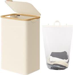 BOTC Wasmand - Wassorteerder - 105L Capaciteit - Bamboe Wasmand met Deksel - 73*44*33cm - Crème wit — thumbnail 1