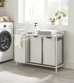 Hoppa! - Wasmand 3 vakken - Met plank & uitschuifbare waszakken - 3x38 liter - 92x33x72 cm - wit — thumbnail 4