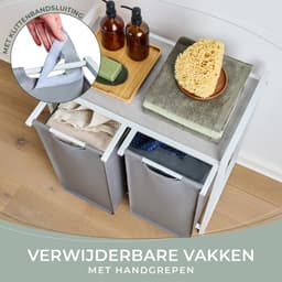 Blumtal Wasmand met 2 vakken - Wasmand met betonlook plank - Metalen frame - Wasmand met poten - Wit en grijs — thumbnail 4