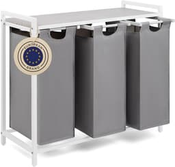 Blumtal Wasmand met 3 vakken - Wasmand met betonlook plank - Metalen frame - Wasmand met poten - Wit en grijs — thumbnail 1