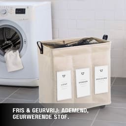 Wasmand op Wielen 145L – Wassorteerder 3 Vakken – Inklapbare Wasmand met Handvatten, Trekstang en Nederlandse Labels – Beige Wasmand voor Badkamer, Slaapkamer en Wasruimte - 145L — thumbnail 4